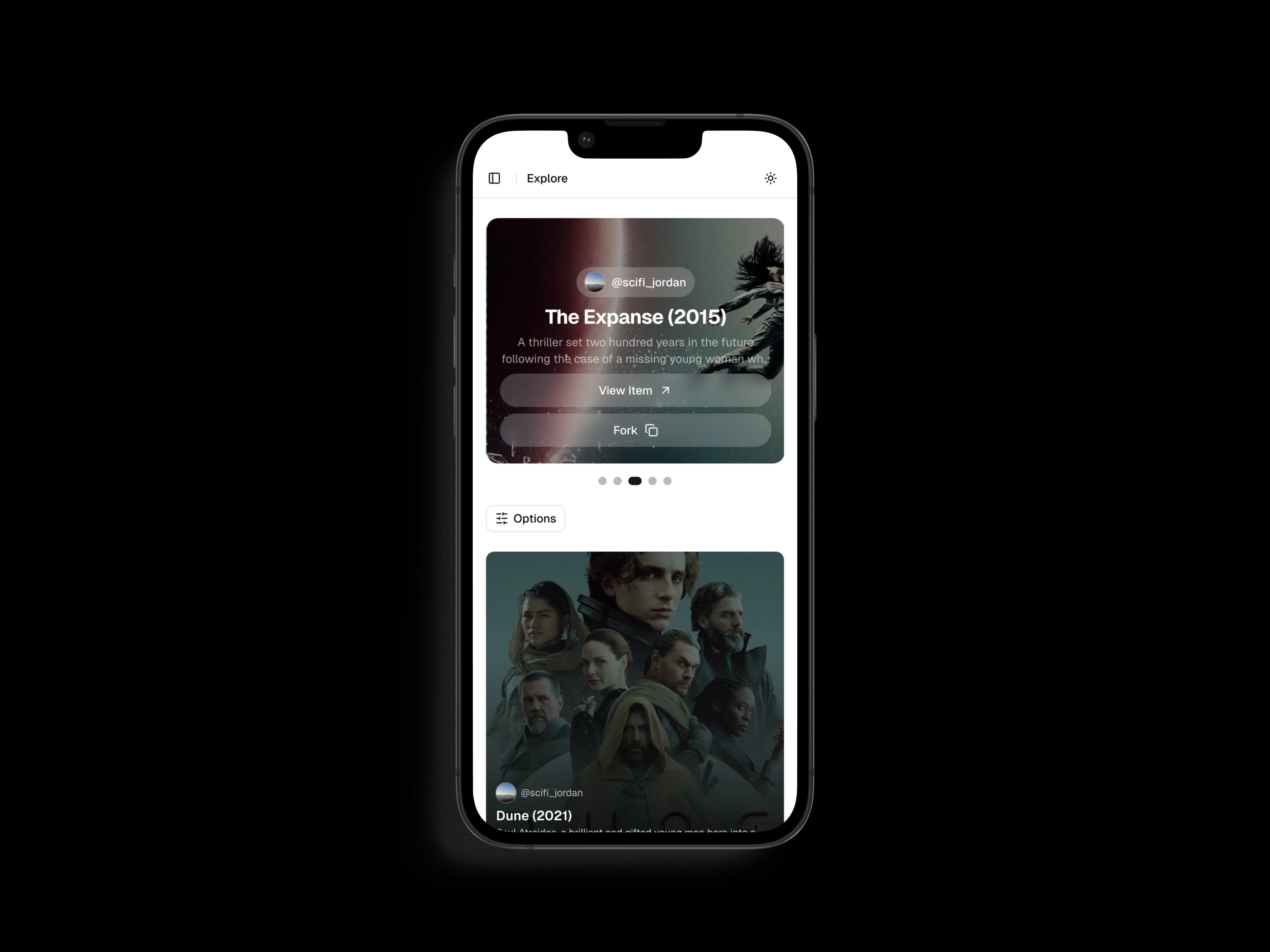 Mobile explore page with featured carousel