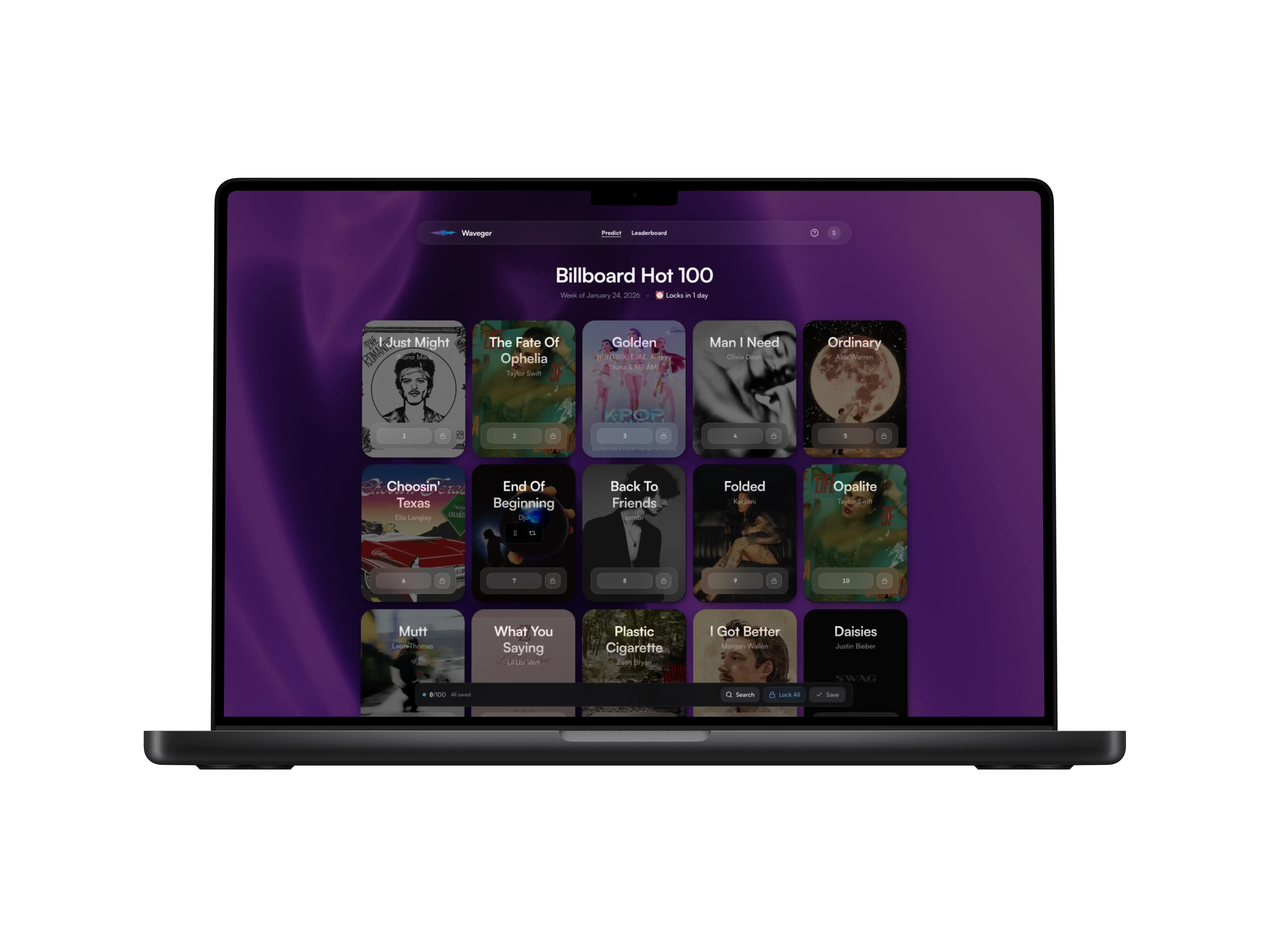 Desktop drag-and-drop prediction interface with grid layout