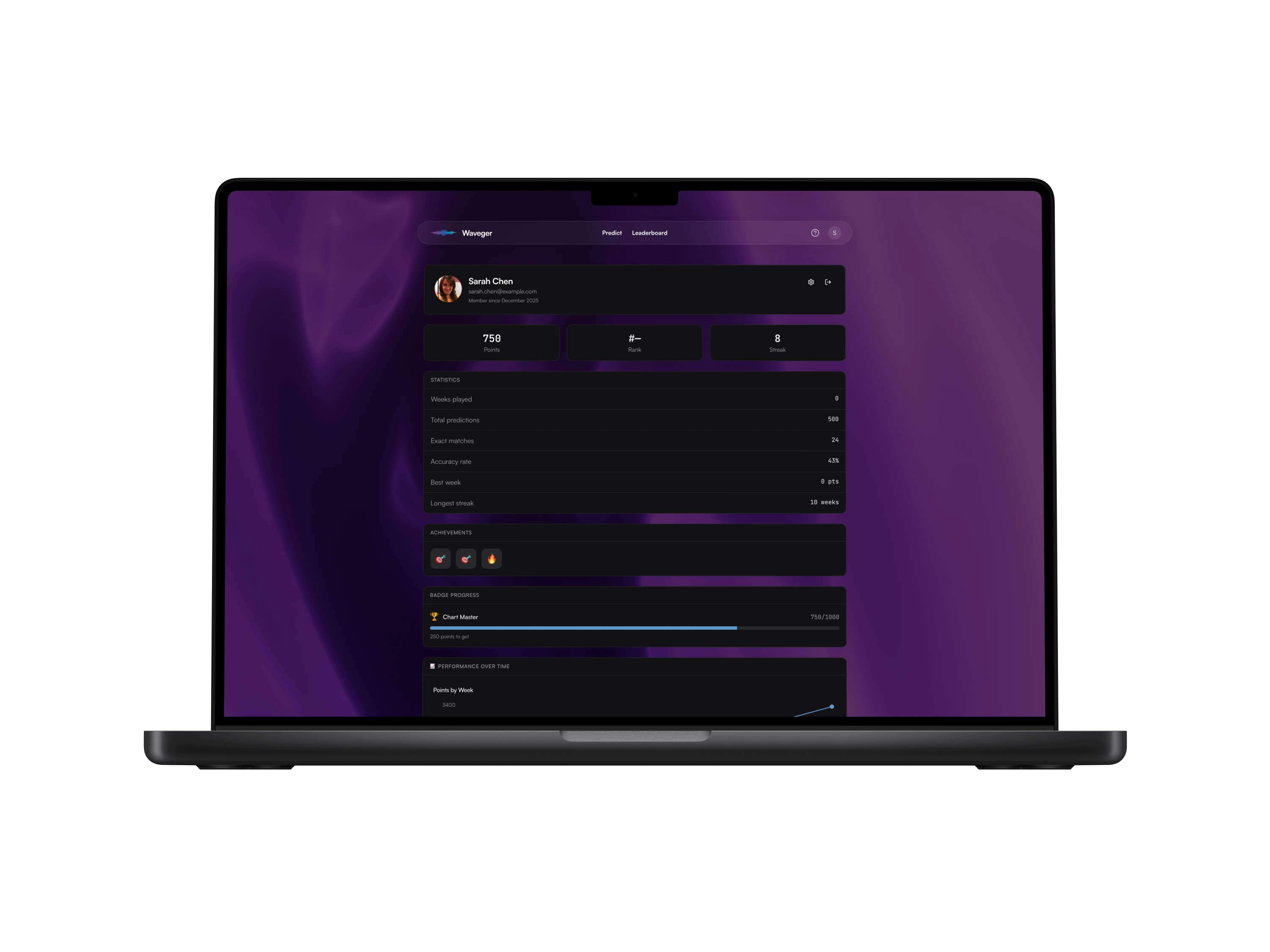 Desktop results page showing scored predictions with point breakdown