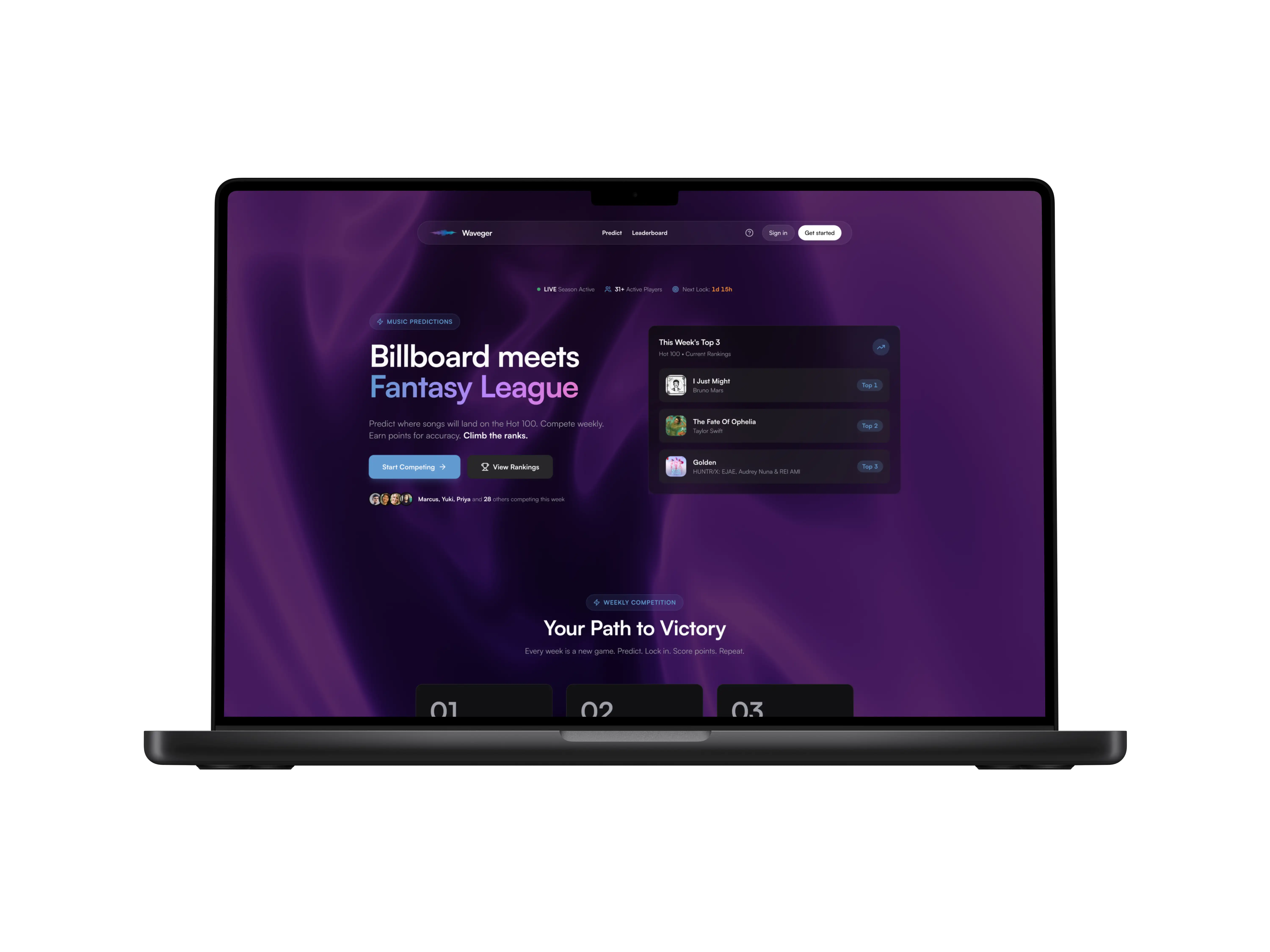 Desktop homepage with hero tagline, current top 3 songs, and countdown timer