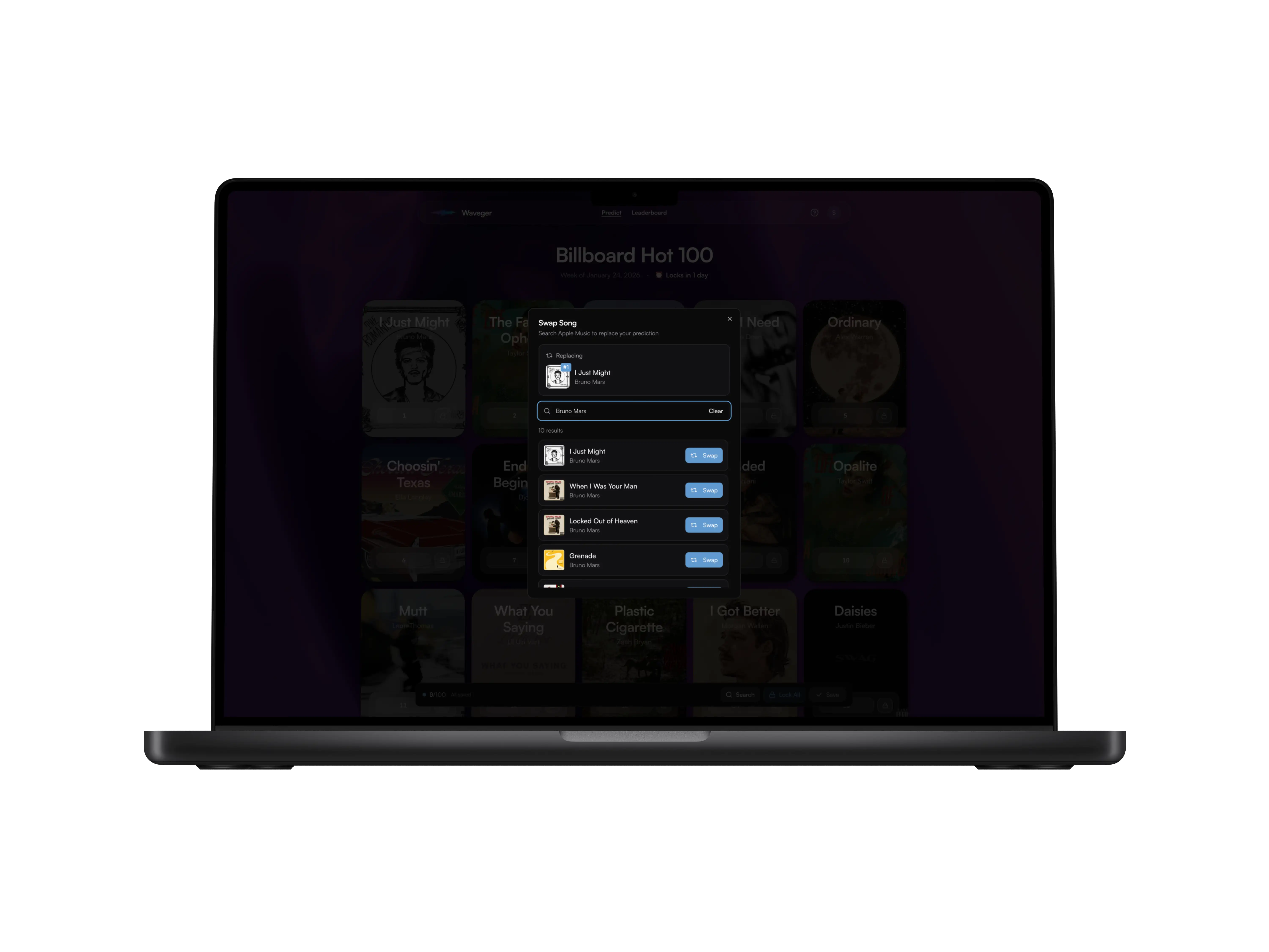 Desktop Apple Music swap modal with search interface